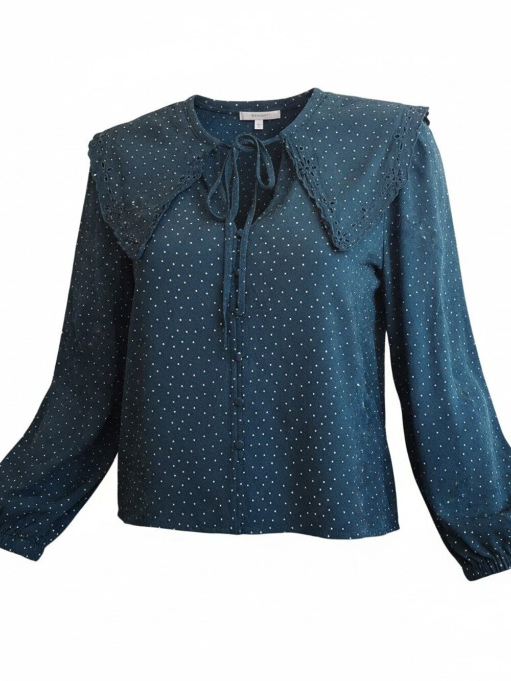 a new day Forest Green Polka Dot Milkmaid Blouse Oversized Lace Collar Size Med